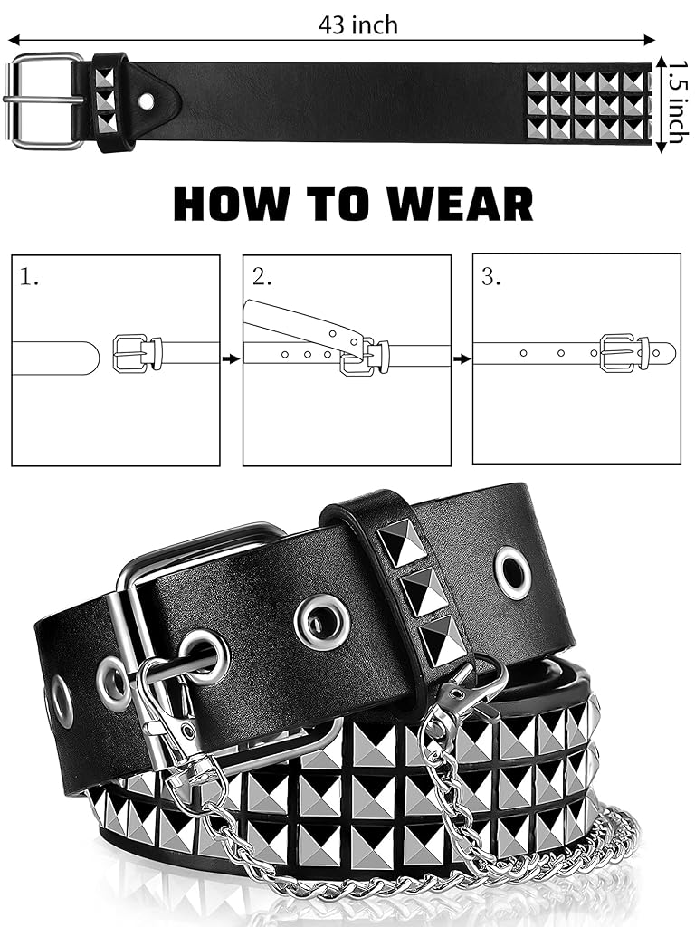 PALAY® Punk Rock Studded Belt for Women Wide PU Leather Men Stud Goth with Jeans Jacket Chains Black length 110cm 2 PCS PALAY® Punk Rock Studded Belt for Women Wide PU Leather Men Stud Goth with Jeans Jacket Chains Black length 110cm 2 PCS